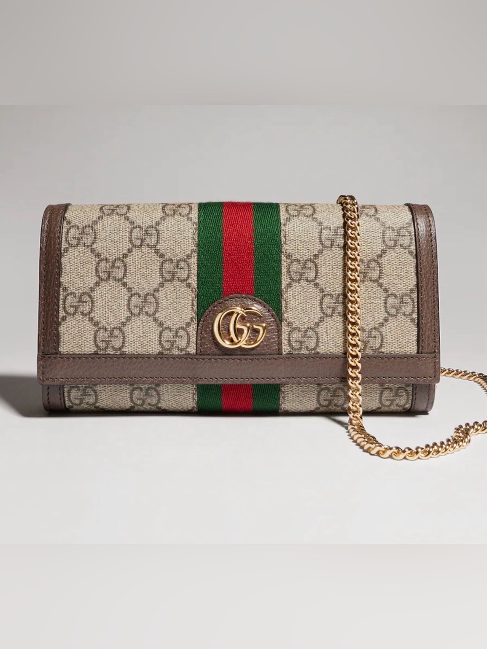 Gucci Beige GG Canvas Crossbody with Green-Red Web and Gold Chain
